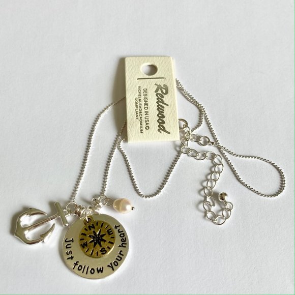 Nautical Compass Anchor Pearl Pendant Necklace Silver Plated 19" Freshwater - Picture 4 of 12